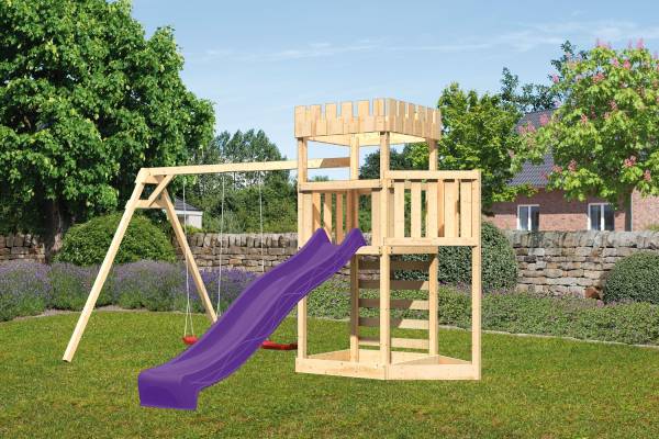 Akubi Ritterburg Löwenherz + Rutsche + Doppelschaukel + Kletterwand + Schiffsanbau oben