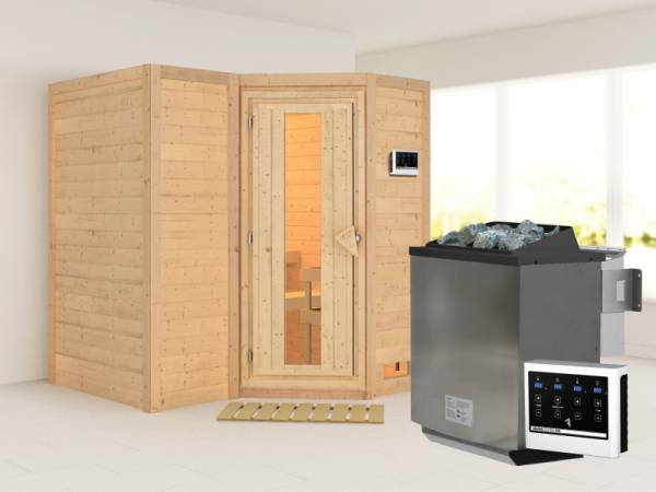 Karibu Sauna Sahib 1 inkl. 9 kW Bioofen ext. Steuerung, mit energiesparender Saunatür -ohne Dachkranz-
