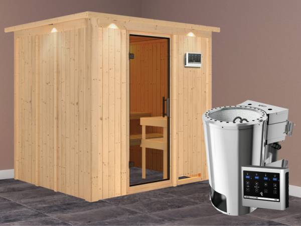 Daria - Karibu Sauna Plug &amp; Play 3,6 kW Bio Ofen, ext. Steuerung - mit Dachkranz - Moderne Saunatür