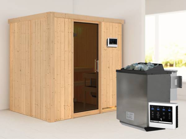 Karibu Sauna Bodin- moderne Saunatür- 4,5 kW Bioofen ext. Strg- ohne Dachkranz