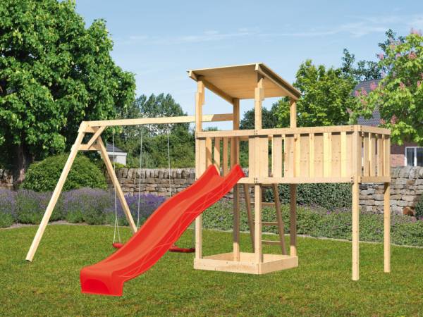 Akubi Spielturm Anna + Rutsche rot + Doppelschaukel + Anbauplattform XL