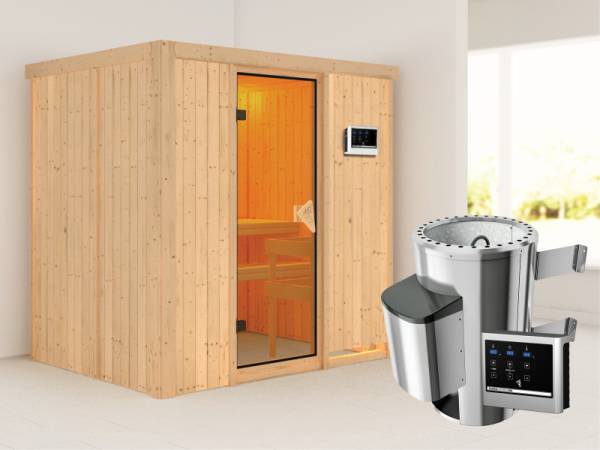 Fanja - Karibu Sauna Plug & Play inkl. 3,6 kW-Ofen - ohne Dachkranz -