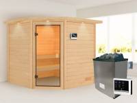 Karibu Sauna Tilda inkl. 9 kW Ofen ext. Steuerung mit klassischer Saunatür -mit Dachkranz-