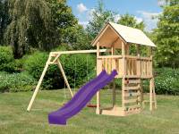 Akubi Spielturm Danny Satteldach + Rutsche violett + Doppelschaukel + Kletterwand