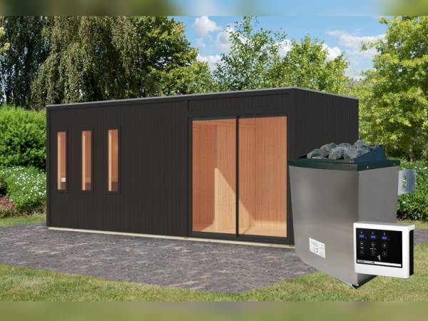 Karibu Saunahaus Monterey, schwarz, inkl. 9 kW Ofen ext. Steuerung, mit Séparée im Vorraum, 73 mm