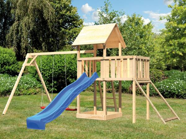 Akubi Spielturm Lotti Satteldach + Rutsche blau + Doppelschaukel + Anbauplattform + Netzrampe Akubi Spielturm Lotti Satteldach + Rutsche blau + Doppelschaukel + Anbauplattform + Netzrampe