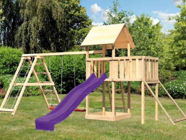 Akubi Spielturm Lotti Satteldach + Rutsche violett + Doppelschaukelanbau Klettergerüst + Anbauplattform + Netzrampe Akubi Spielturm Lotti Satteldach + Rutsche violett + Doppelschaukelanbau Klettergerüst + Anbauplattform + Netzrampe