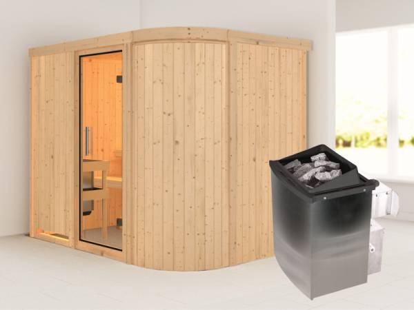 Karibu Sauna Titania 4 inkl. 9 kW Ofen mit int. Steuerung, ohne Dachkranz, mit Klarglas Ganzglastür