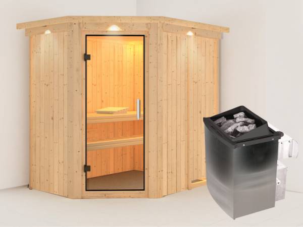 Karibu Sauna Carin inkl. 9 kW Ofen integr. Steuerung mit Klarglas Ganzglastür - mit Dachkranz -