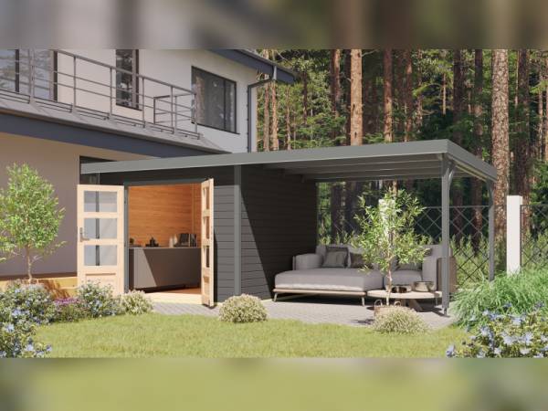 Karibu Hybrid Gartenhaus Pluto 6 B, terragrau/graualuminium inkl. 3 m Anbaudach