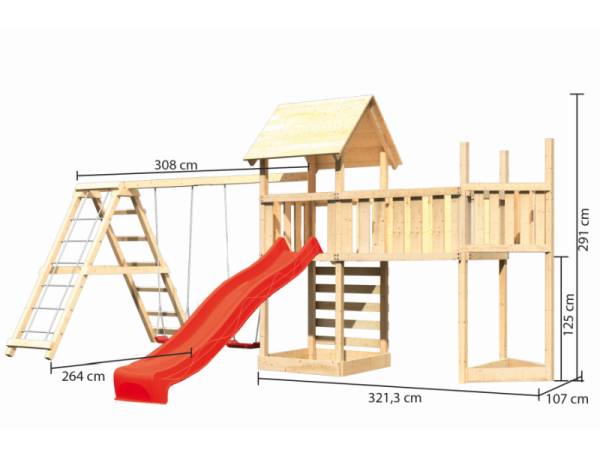 Akubi Spielturm Lotti Satteldach + Schiffsanbau oben + Doppelschaukel mit Klettergerüst + Anbauplattform XL + Kletterwand + Rutsche in rot