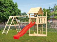 Akubi Spielturm Lotti Satteldach + Schiffsanbau oben + Doppelschaukel mit Klettergerüst + Rutsche in rot