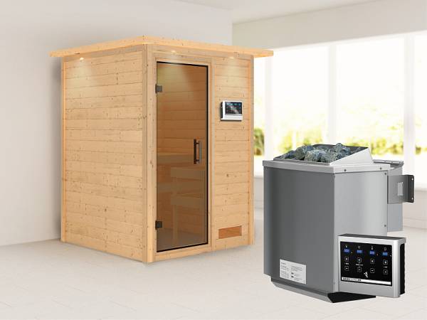 Karibu Woodfeeling Sauna Svenja- moderne Saunatür- 4,5 kW Bioofen ext. Strg- mit Dachkranz