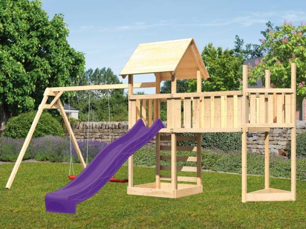 Akubi Spielturm Lotti Satteldach + Schiffsanbau oben + Doppelschaukel + Anbauplattform XL + Kletterwand + Rutsche in violett