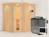 Karibu Sauna Carin- energiesparende Saunatür- 4,5 kW Bioofen ext. Strg- mit Dachkranz