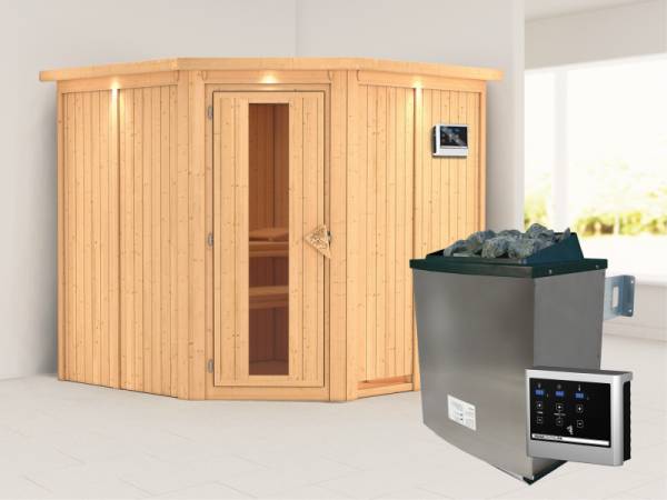 Karibu Sauna Jarin inkl. 9-kW-Ofen mit externer Steuerung, mit Dachkranz, mit energiesparender Saunatür