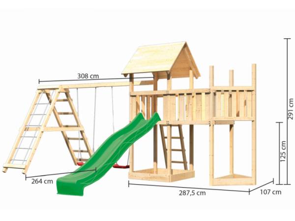 Akubi Spielturm Lotti Satteldach + Schiffsanbau oben + Anbauplattform + Doppelschaukel mit Klettergerüst + Rutsche in grün