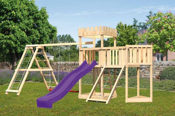 Akubi Ritterburg Löwenherz + Rutsche + Doppelschaukel mit Klettergerüst + Anbauplattform + Netzrampe + Schiffsanbau oben