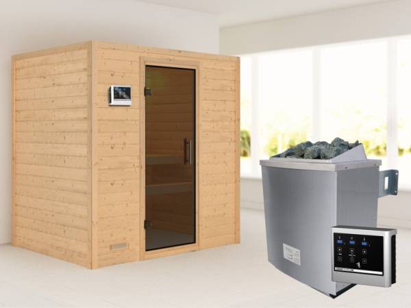 Karibu Sauna Sonja - Moderne Saunatür - 4,5 kW Ofen ext. Strg. - ohne Dachkranz