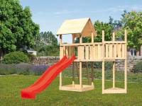 Akubi Spielturm Lotti Satteldach + Rutsche rot + Anbauplattform + Schiffsanbau oben