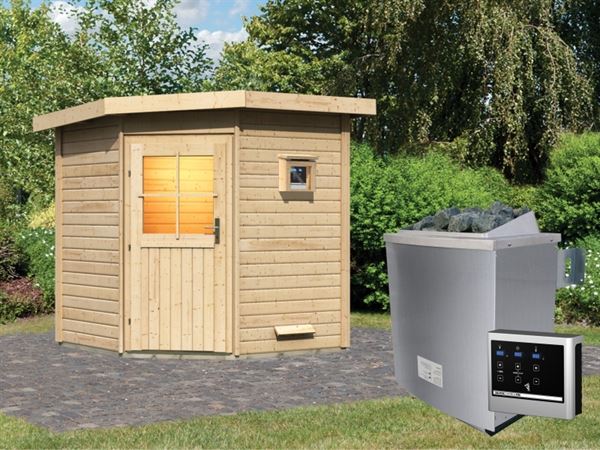 Karibu Saunahaus Pirva 38 mm mit 9 kW Ofen Ext. Strg Karibu Saunahaus Pirva 38 mm mit 9 kW Ofen Ext. Strg