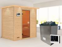 Karibu Sauna Sonja inkl. 9 kW Ofen ext. Steuerung mit klassischer Saunatür -mit Dachkranz-